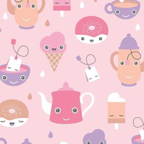 Sweet tea time kawaii style tea pot ice cream donuts and cups soft pastel pink 