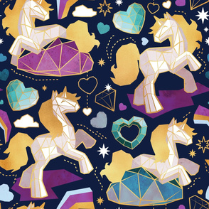 Large jumbo scale // Kicking off some magic // navy blue background white and grey unicorns violet blue and aqua hearts clouds and rainbows golden lines