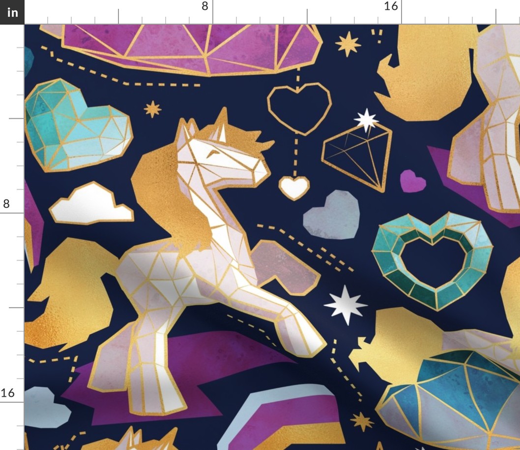 Large jumbo scale // Kicking off some magic // navy blue background white and grey unicorns violet blue and aqua hearts clouds and rainbows golden lines