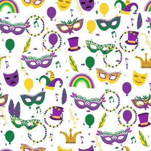 LARGE mardi gras celebration fabric - mask fabric, carnival fabric, fat tuesday fabric, new orleans fabric - white confetti