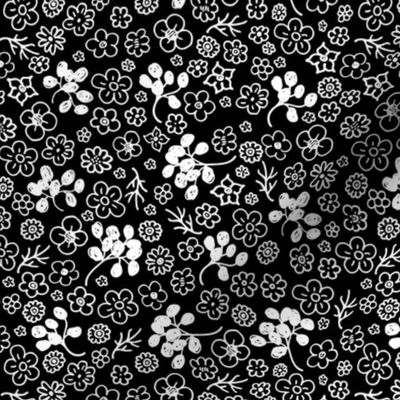 Little flower buds and boho leaves romantic liberty London style sweet botanical design monochrome black and white