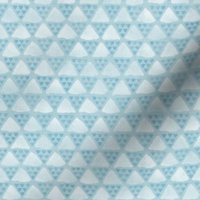 Block Print Pyramid Triangles in Sky Blue | Hand block printed triangle pattern in turquoise blue and white, nursery fabric, celebration bunting.