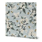 Flowers & Bees ONLY - Linen Texture - Large -Blue, Black Stems