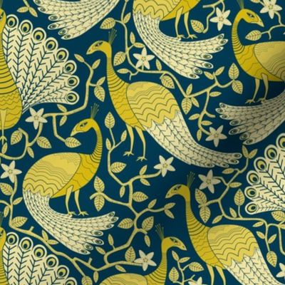 Gold and Navy Peacock Damask