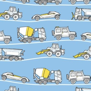 traffic jam - illustrated vehicles white on blue