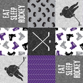 Eat Sleep Hockey - Ice Hockey Patchwork - Hockey Nursery - Wholecloth purple and grey (90) - C21