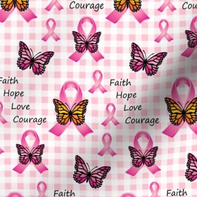 Pink Ribbons Butterflies on Gingham