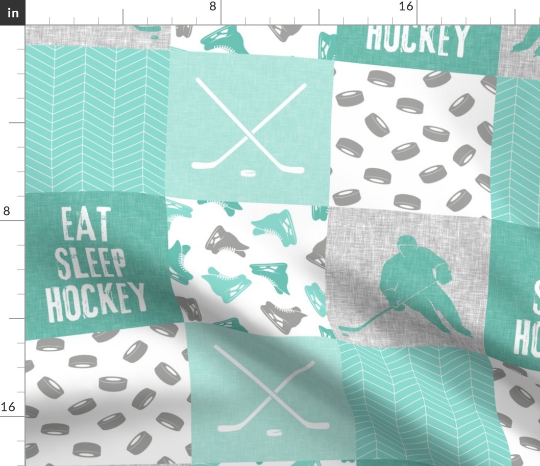 Eat Sleep Hockey - Ice Hockey Patchwork - Hockey Nursery - Wholecloth teal and grey - C21