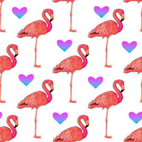 Pink flamingo with purple hearts