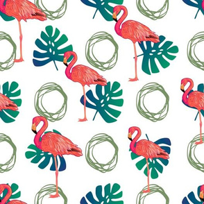 pink flamingo and tropical leaves