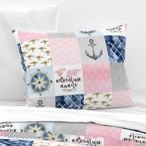 Adventure Awaits//Nautical//Sea Turtles//Pink - Wholecloth Cheater Quilt 