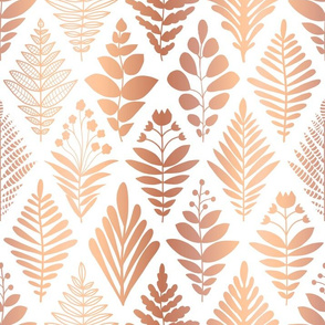 Copper Foil Rhombus Leaves Florals Damask Style on White