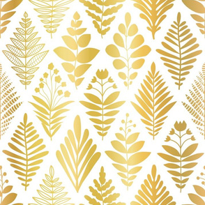 Rhombus Leaves Florals Damask Style Gold on white