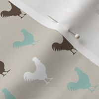 rooster  fabric -  dark mint and brown - roosters  - C21
