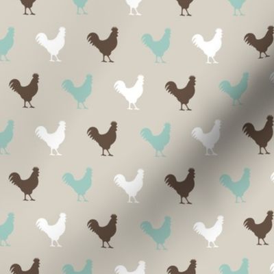 rooster  fabric -  dark mint and brown - roosters  - C21
