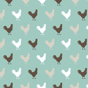 rooster  fabric -  dark mint and brown - roosters (90) - C21