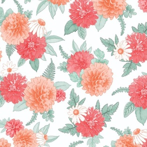 Watercolor Dahlias & Daisies Floral Pattern | Coral Peach Orange Red Green