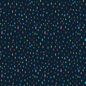 Micro scale Rainbow Raindrops: ditsy scale turquoise, pink and yellow on navy blue for kids apparel and nursery furnishings and wallpaper