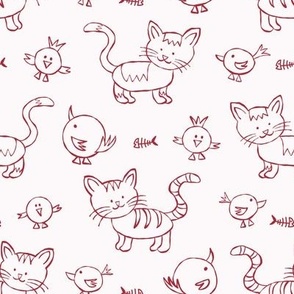 465 - Medium scale furry and feather friends - faux red work  cats and birds for baby and children apparel, cute nursery bed linen, trendy baby accessories,  backpacks and nursery wallpaper.