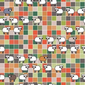 015 - Small scale autumn sheep on square fields, pet accessories and kids apparel. In tones of Emerald green, leaf green, zesty orange, apricots and warm grey, perfect for bed linen and home décor accessories