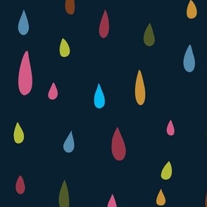 Rainbow Raindrops - large scale, for home decor, soft furnishings and wallpaper– deepest navy blue with multicoloured rainbows of zest the yellow, brilliant turquoise, hot pink, orange and purple be great for bed linen, duvet covers, teenage style.