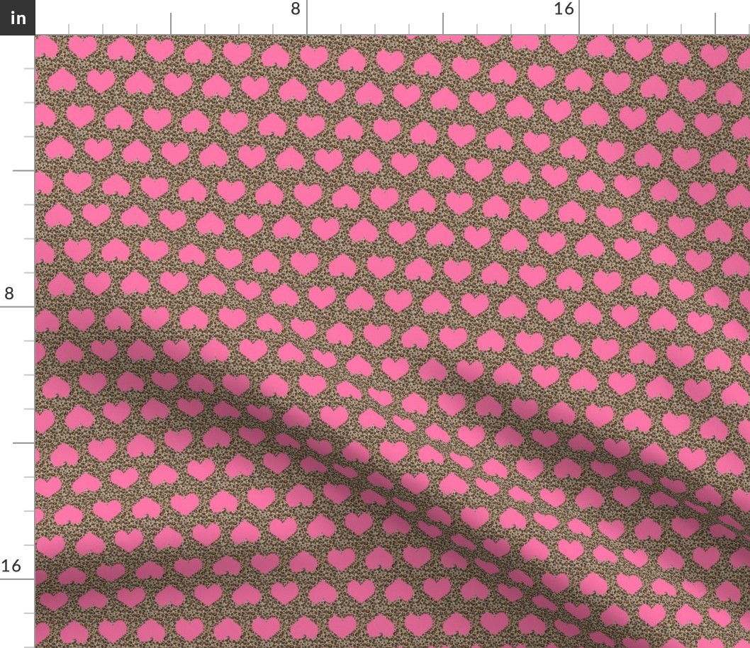 SMALL leopard heart fabric - hearts on animal print - pink