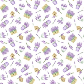 cute lavender flowers, birdhouse, box, bunch of flowers. spring lavender beauty	
