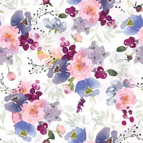 Hand Painted Purple Watercolor Berries Flowers and Leaves, Wildflowers Fabric, Cottagecore Fabric