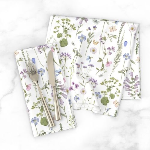 Hand Painted Watercolor Flowers and Leaves Wildflowers florals Butterflies in Pink And Purple -white