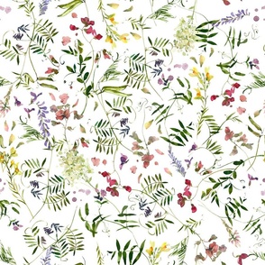 18" Hand Painted Watercolor Berries Wildflowers and Leaves, Wildflowers Fabric, Cottagecore Fabric