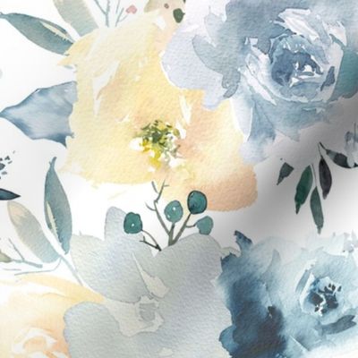 Blue And Blush Hand Painted Watercolor Winter vintage christmas Roses Pattern On White