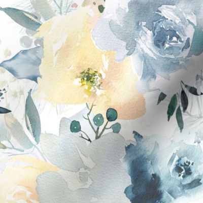 Blue And Blush Hand Painted Watercolor Winter vintage christmas Roses Pattern On White double layer
