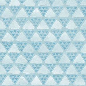 Block Print Pyramid Triangles in Sky Blue (large scale) | Hand block printed triangle pattern in turquoise blue and white, nursery fabric, celebration bunting.