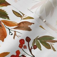 14" colorful watercolor leaves and red berries - white 