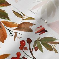 14" Red Cardinal Birds, red berries and colorful leaves- on white
