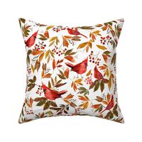 14" Red Cardinal Birds, red berries and colorful leaves- on white
