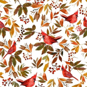 14" Red Cardinal Birds, red berries and colorful leaves- on white