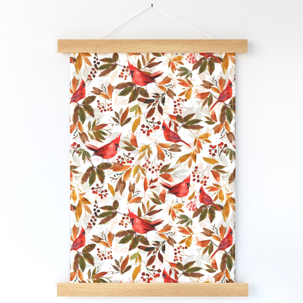 14" Red Cardinal Birds, red berries and colorful leaves- double layer on white