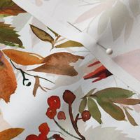 14" Red Cardinal Birds, red berries and colorful leaves- double layer on white