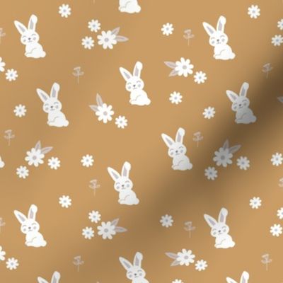 Little kawaii boho bunny garden sweet rabbit lovers blossom and hare design kids cinnamon ochre gray white neutral SMALL