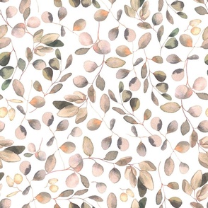 18" Blush Beige and gold And Brown Hand Painted Watercolor Eucalyptus Leaf Pattern On White