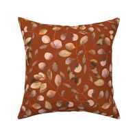 18" Gold And Brown Hand Painted Watercolor Eucalyptus Leaf Pattern On Terracotta Brown