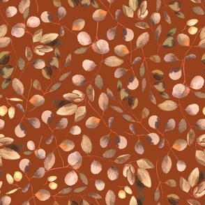 18" Gold And Brown Hand Painted Watercolor Eucalyptus Leaf Pattern On Terracotta Brown