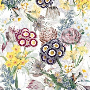 14" Hand Painted Antique Watercolor Springflowers Fabric, Springflower, Tulips Fabric, Primula Fabric, double layer - simply white