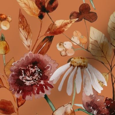 18" Hand Painted Fall Watercolor Botanical Flowers Garden On Orange Terracotta