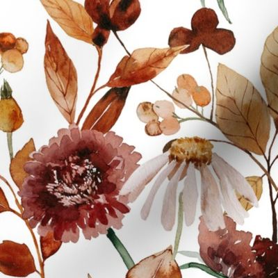 18" Hand Painted Fall Watercolor Botanical Flowers Garden On white
