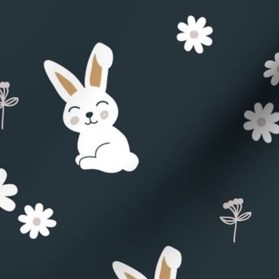 Little kawaii boho bunny garden sweet rabbit lovers blossom and hare design kids charcoal cinnamon ochre neutral LARGE