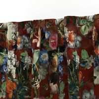 21" Lush Dutch Midnight Flowers Garden - Dutch Antique Flemish antiqued Flower Painting Fabric, Dutch Vintage Roses Peonies Tulips Poppies, double layer on brownish red