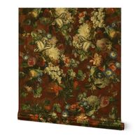 21" Lush Dutch Midnight Flowers Garden - Dutch Antique Flemish antiqued Flower Painting Fabric, Dutch Vintage Roses Peonies Tulips Poppies, double layer on brownish red