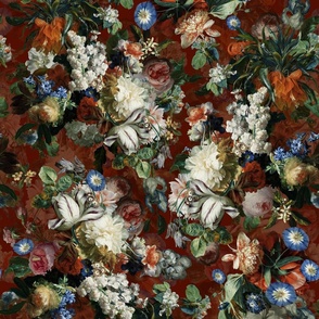 21" Lush Dutch Midnight Flowers Garden - Dutch Antique Flemish antiqued Flower Painting Fabric, Dutch Vintage Roses Peonies Tulips Poppies, double layer on brownish red